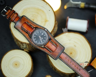 3 Pieces Padded Bund Strap, Genuine Leather Bund Watch Band 16mm 18mm 20mm 22mm 24mm, Padded Watch Cuff Bracelet Rock Biker Bund Band