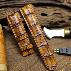 Genuine Alligator Leather Watch Strap 24mm 22mm 21mm 20mm 19mm 18mm 16mm Alligator Band Zermatt lining. Patina Color Alligator Leather Strap