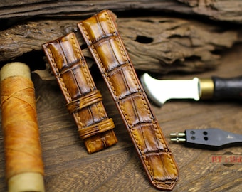 Genuine Alligator Leather Watch Strap 24mm 22mm 21mm 20mm 19mm 18mm 16mm Alligator Band Zermatt lining. Patina Color Alligator Leather Strap