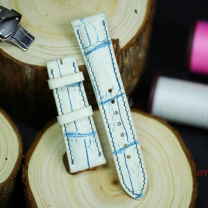 White Blue Alligator Leather Watch Strap 24mm 22mm 21mm 20mm White mix Blue Genuine Alligator Band 19mm 18mm 16mm Zerrmat lining Custom size