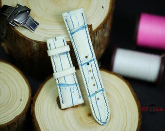 White Blue Alligator Leather Watch Strap 24mm 22mm 21mm 20mm White mix Blue Genuine Alligator Band 19mm 18mm 16mm Zerrmat lining Custom size