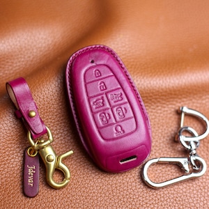 Cute PINK Leather Key Fob Cover Case 4 5 6 7 8 button Solaris Sonata NEXO NX4 Grandeur Santa Fe Tucson 2020 2021 2022 Smart Remote Keyless