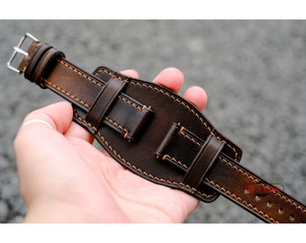 Bracelet-montre large en cuir massif Bund, bracelet Bund, bracelet manchette de montre 18 mm 20 mm 22 mm 24 mm Rock Biker Bund, 3 pièces ruban avec coussinet