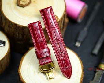 Burgundy Wine Alligator Leather Watch Strap 24mm 22mm 21mm 20mm Oxblood Alligator Band 19mm 18mm 16mm Deployant Clasp Zermatt Lining Custom