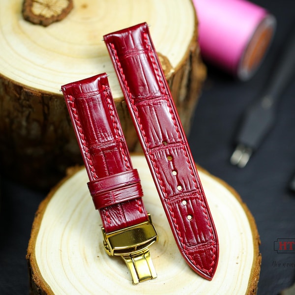 Correa de reloj de piel de aligátor color vino burdeos (24 mm, 22 mm, 21 mm y 20 mm) Correa de piel de aligátor color sangre de buey (19 mm, 18 mm y 16 mm) Cierre desplegable Forro Zermatt Personalizado