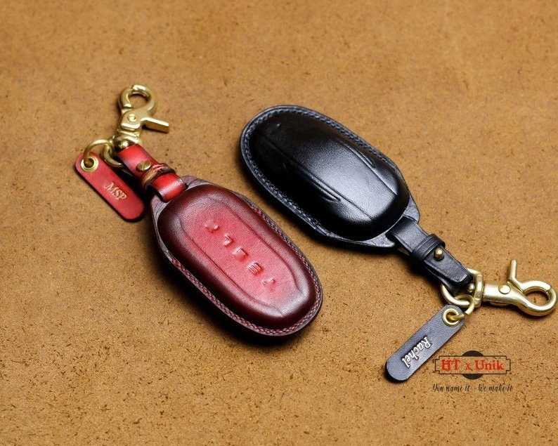 Leather Key Fob Cover Case for Tesla 3 Buttons for Tesla Model S Model 3  Model X Model Y, Remote Keyless Keychain Key Fob Cover Protector 