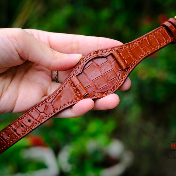 Bracelets personnalisés en cuir d'alligator véritable Bund hommes femmes, bracelet de montre Bund 16 mm 18 mm 20 mm 22 mm 24 mm, bracelet manchette en alligator doublure Zermatt