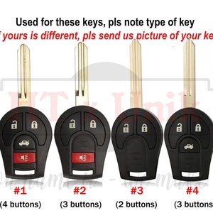 Puede incluir: Cuatro llaveros de coche diferentes con un número variable de botones. Los llaveros son negros con botones plateados y una hoja de llave plateada. Los llaveros están etiquetados como #1, #2, #3 y #4. El texto debajo de cada llavero indica el número de botones en cada llavero. El texto dice "(4 botones)", "(3 botones)", "(2 botones)" y "(3 botones)".