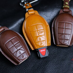 3W Key Fob Cover Case 4 Buttons for Dodge Ram Genuine Leather with Keychain 360° Protection