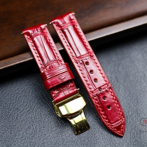 Oxblood Burgundy Alligator Leather Watch Strap 24mm 22mm 21mm 20mm 19mm 18mm 16mm Alligator Band. Genuine Alligator Strap Deployant Clasp