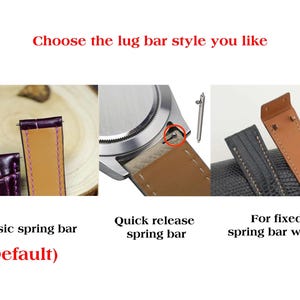 May include: A comparison chart titled Choose the lug bar style you like, showing three watch strap options: a purple strap with a classic spring bar, a tan strap with a quick release spring bar, and a black textured strap for fixed spring bar watches.