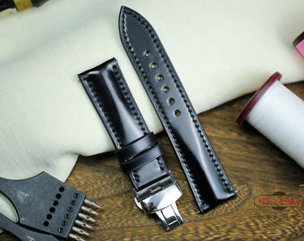 Custom Black Shell Cordovan Leather Watch Strap 24mm 22mm 21mm 19mm Custom size Shell Cordovan Band Handmade Luxury Leather Band Men Women
