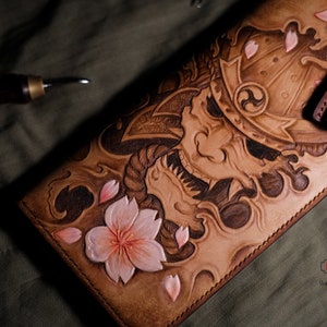 Handmade Japan Samurai Long Wallet, Genuine Leather Samurai Carving Long Wallet Biker Wallet, Samurai Skull Leather Carving Biker Wallet