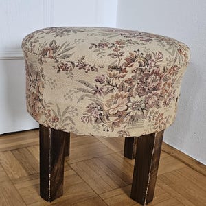 Vintage Floral Tapestry Footstool/Vanity Stool with Wooden Legs/ Woven Upholstery/ Rustic Sharm/ Home Accents/Vintage Bedroom Footstool/MCM