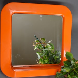 Vintage Space Age Square-Shaped Orange Plastic Mirtor,Pop Art Round Corners Mirror,Vintage Mirror from 1970&#39;s, Retro Orange Wall Mirror,MCM