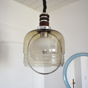 Vintage Pendant Light Fixture/ Large Retro Hanging Lamp/ Mid Century Chandalier/ Yugoslavia 1980&#39;s/ Space Age Light/ Smoky Glass Chandalier