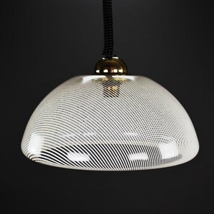 Vintage Meblo Transparent Hanging Lamp, White Strips Light Fixture, Vintage Pendant Light, MCM Design Lamp, Space Age Light, Atomic Light