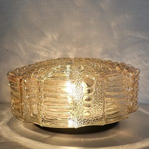 Vintage Yugoslavian Flush Mount Ceiling Light by Sijaj Hrastnik,1980s Amber Textured Glass Sconce,Mid Century Modern,Space Age Lamp