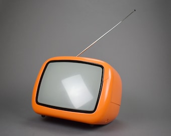 Space Age Seltener Tragbarer Fernseher, Iskra Jugoslawien Tv Minirama, Jugoslawien 1970, Orangefarbener tragbarer Fernseher, Moma Museum Retro Tv, MCM Kunststoff-Tv, Retro