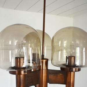 Large Vintage Brutalist Chandalier/ Cooper and Wood Pendant Light/ Smoky Glass Hanging Lamp/ Yugoslavia 1970&#39;s/ Vintage Light Fixture/ MCM