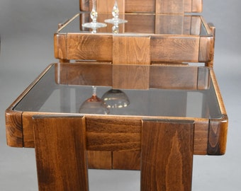 Set of Three Nesting Tables Designed by Gianfranco Frattini for Casina Made in Yugoslavia Meblo, 60'Italian Design,Wood and Smoked Glass,MCM