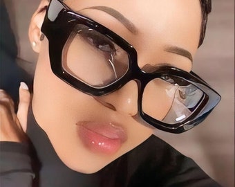 Lunettes de vue noires pour femmes surdimensionnées pour la lecture d'ordonnances, grosses montures carrées grand carré anti-rayons de lumière bleue jambes larges verres transparents style grand