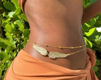 Cadena de cintura de oro Joyería con cuentas Alas de ángel Collar del cuerpo Bikini Accesorios de playa Cadena trasera de plata Anillo del ombligo Rhinestone Bling Regalo