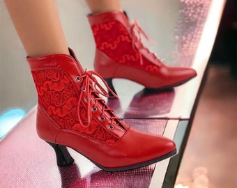 Rote Ankle Boots mit Spitze Mitte Wadenabsatz für Frauen Vintage Sandalen Weiches Leder Booties Motorrad Stilvolle Mittelalter Schuhe Vegan Schnüren