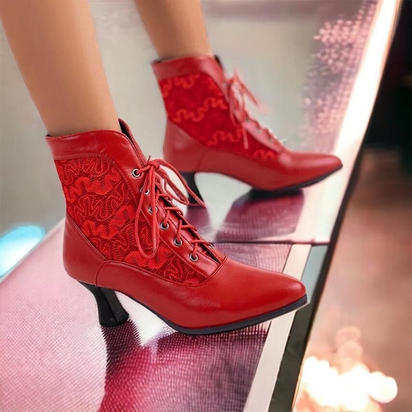 Red Ankle Boots with Lace mid Calf Heel For Women Vintage Sandals Soft Leather Booties Motorcycle Stylish Medieval Shoes Vegan Lace Up