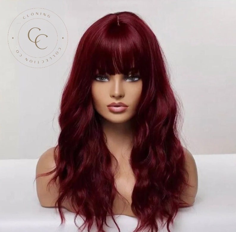 Wine Red Color Wig Wavy Wig With Bangs Natural Soft Hair Etsy