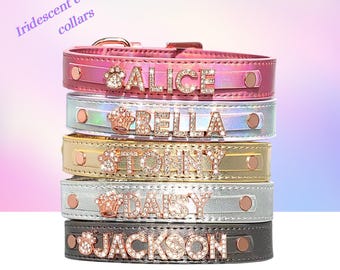 Iridescent Leather Dog Collar, Personalized Rhinestone Cat Collar, Reflective Pet Accessory