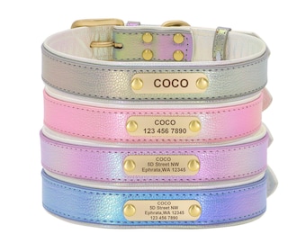 Iridescent Leather Dog Collar: Personalized Engraved Name Tag