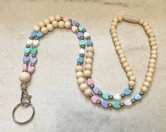 Wooden Bead Lanyard, Pastel Hearts, Badge Holder, Teacher Gift