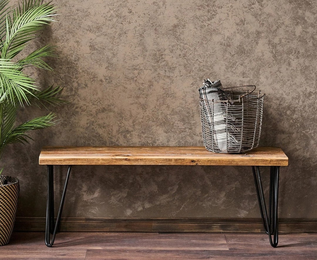 Hallway Bench Seat Industrial Chunky Rustic Solid Wood Metal Legs
