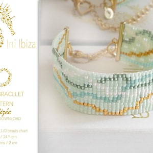 May include: A loom bracelet pattern called "Alizée" featuring a beaded design with shades of green, blue, and gold. The pattern is for a bracelet that is 14.5 cm long and 2 cm wide. The pattern is made with Miyuki Delica 11/0 beads.