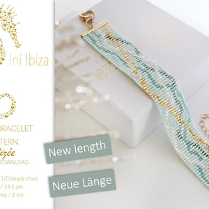 May include: A light blue and gold beaded bracelet with a clasp. The bracelet is made with Miyuki Delica 11/0 beads and is 14.5 cm long. The pattern is called "Alizée" and is available for instant download.