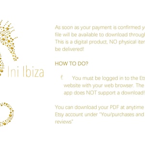 May include: A gold seahorse silhouette with the text "Ini Ibiza" on a white background. The text below the image explains how to download a digital product purchased on Etsy.