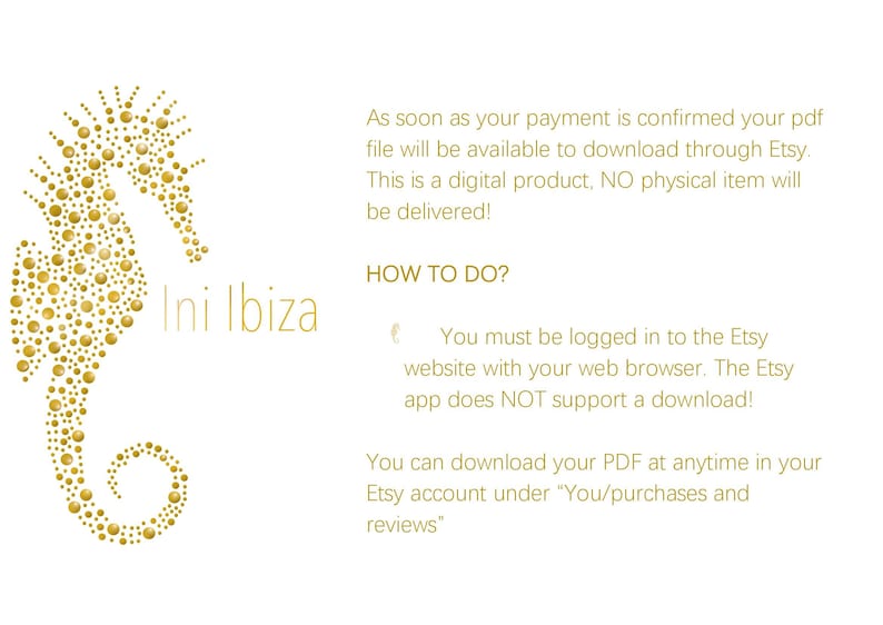 May include: A gold seahorse silhouette with the text "Ini Ibiza" on a white background. The text below the image explains how to download a digital product purchased on Etsy.