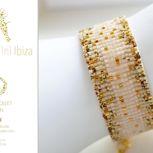 Puede incluir: Un patrón de brazalete de telar blanco y dorado llamado "Karla" de Ini Ibiza. El patrón es para un brazalete de 12,5 cm de largo y 2 cm de ancho. Utiliza cuentas Miyuki Delica 11/0.