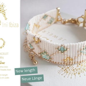 Patron de bracelet Loom, Charlène, motif graphique, modèle de perles Miyuki Delica Ini Ibiza, nouvelle longueur : 14 cm, blanc, or, turquoise