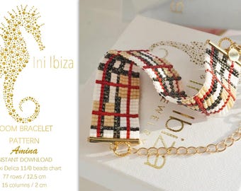 May include: A loom bracelet pattern for a red, white, black, and beige plaid bracelet. The pattern is called "Amina" and is for a 12.5 cm bracelet with 77 rows and 15 columns.