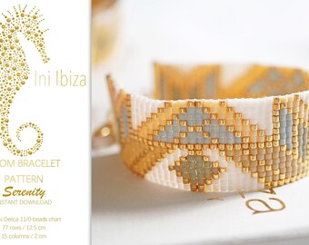 May include: A loom bracelet pattern called "Serenity" by Ini Ibiza. The pattern is for a beaded bracelet with a geometric design in white, gold, and light blue. The pattern is for Miyuki Delica 11/0 beads and measures 12.5 cm long and 2 cm wide.