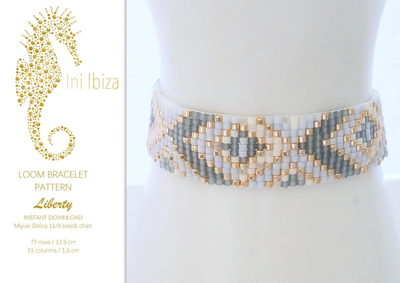 May include: A loom bracelet pattern called "Liberty" by Ini Ibiza. The pattern is for a beaded bracelet with a white, gray, and gold color scheme. The pattern is for a bracelet that is 12.5 cm long and 1.5 cm wide.