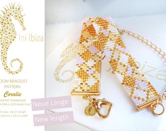 May include: A loom bracelet pattern for a beaded bracelet with a pink, white, and gold color scheme. The pattern is called "Coralie" and is for Miyuki Delica 11/0 beads. The bracelet is 14 cm long and 1.5 cm wide.
