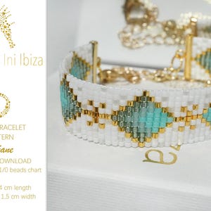 May include: A white loom bracelet pattern featuring turquoise and gold beads. The pattern is named "Océane" and is designed for Miyuki Delica 11/0 beads. The bracelet measures 14 cm in length and 1.5 cm in width.