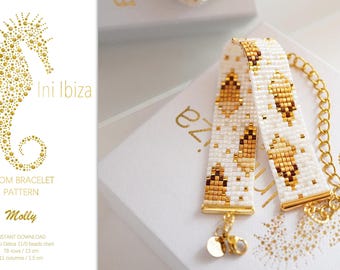 May include: A white and gold loom bracelet pattern with a geometric design. The pattern is called "Molly" and is for a bracelet that is 13 cm long and 1.5 cm wide. The pattern is for use with Miyuki Delica 11/0 beads.