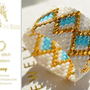 Beaded ring pattern “” for Peyote – immediate PDF digital download, exclusive Ini Ibiza design in turquoise, white and gold