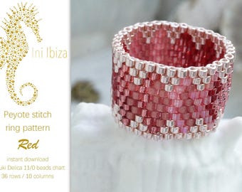 Beaded ring pattern “Red” for Peyote – immediate PDF digital download, the pattern is very easy to follow, unique Ini Ibiza beading design