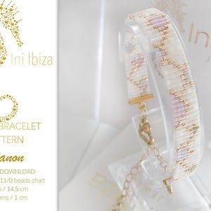 May include: White loom bracelet pattern with a pink and gold design. The pattern is called "Manon" and is for a bracelet that is 14.5 cm long and 1 cm wide. The pattern is for use with Miyuki Delica 11/0 beads.