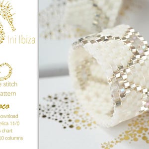 May include: A close-up of a beaded ring in a peyote stitch pattern. The ring is white with silver accents, and the design is geometric. The image also includes text that says "Ini Ibiza" and "Coco".